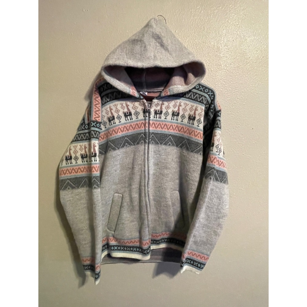 Andino Artesanias Llama Knit Hoodie Sweater Grey Pink Zip Up Ecuador Womens L